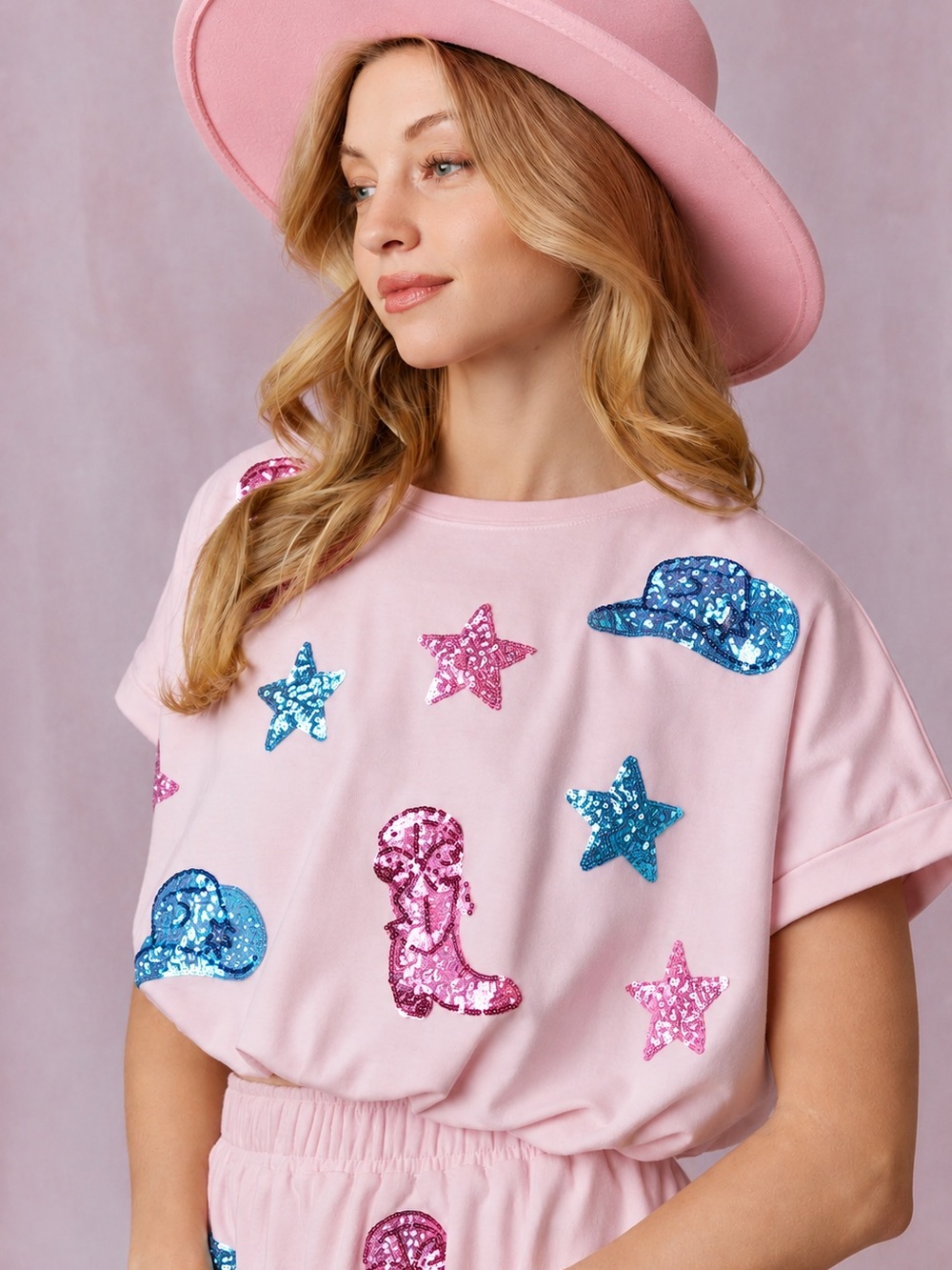 Peach Love California Pink Sequin Cowgirl Bubble Hem Top